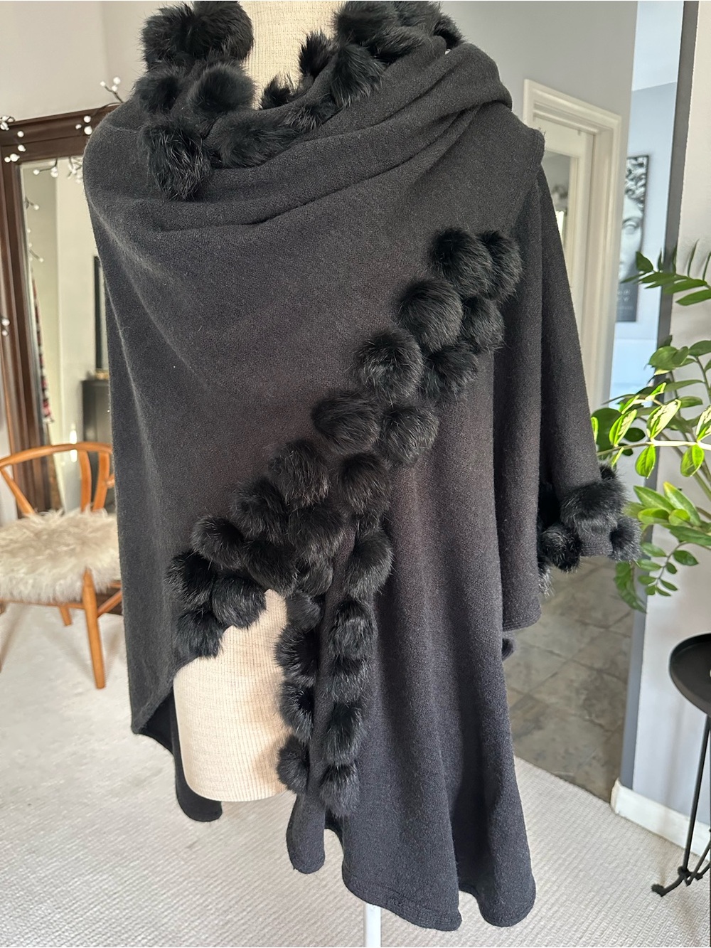 Black Knit Wrap with rabbit fur Pom Pom accents - Picture 6 of 11